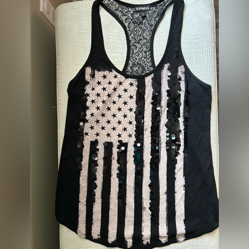Express Black American Flag Tank w/ Sequins and Lace Back- Small